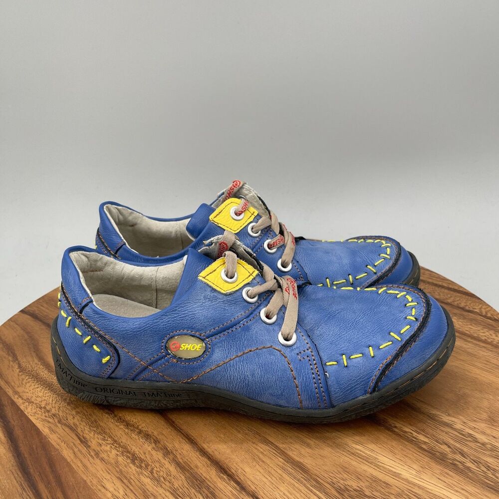 TMA Eyes Shoes Womens Size 11 Blue Leather Yellow Hand Stitching Patchwork